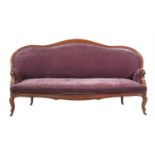 A Victorian mahogany and upholstered sofa, upholstered in plum coloured velvet, 106cm high, 196cm