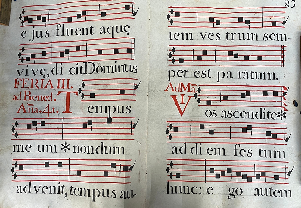 A double sided sheet from a medieval Antiphonary, vellum, approx. 62x90cm - Image 2 of 2