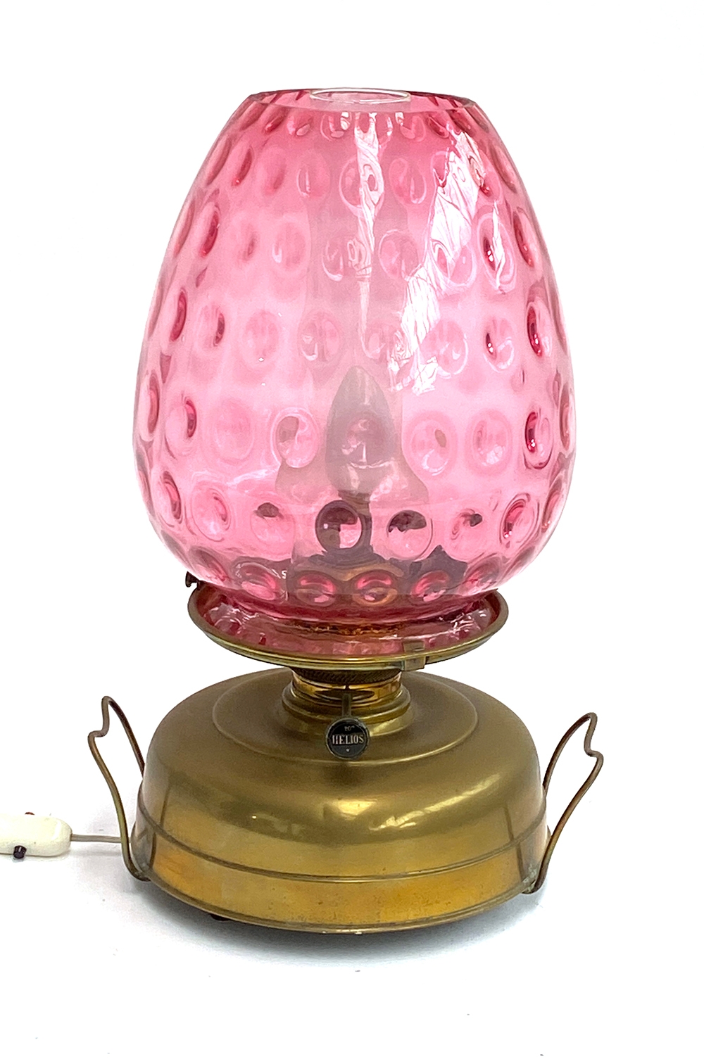 A 'Strawberry' oil lamp, converted for electrical use, with glass chimney and shade, brass