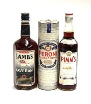 One bottle Lambs Navy Rum, (100cl, 40%); together with Pimms (70cl, 25%); and one bottle of Peroni