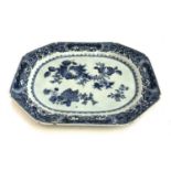 A 19th century blue and white meat plate with peonies and chrysanthemums, 41x43cm