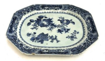 A 19th century blue and white meat plate with peonies and chrysanthemums, 41x43cm