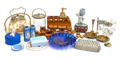 A mixed lot to include vintage Empire made beaded evening bag; lustre glass dish; French bevelled