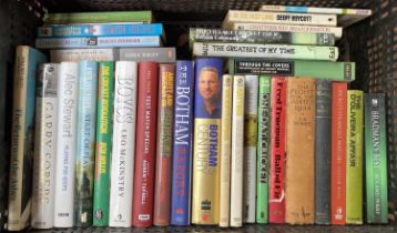 BOOKS: CRICKET. A crate of books. A few vintage (J.B.Hobbs etc.); most 1970s onwards inc. one signed