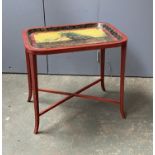 Interior design interest: a tole ware tray, painted with two Guineafowl, on a red stained base