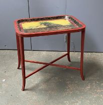 Interior design interest: a tole ware tray, painted with two Guineafowl, on a red stained base