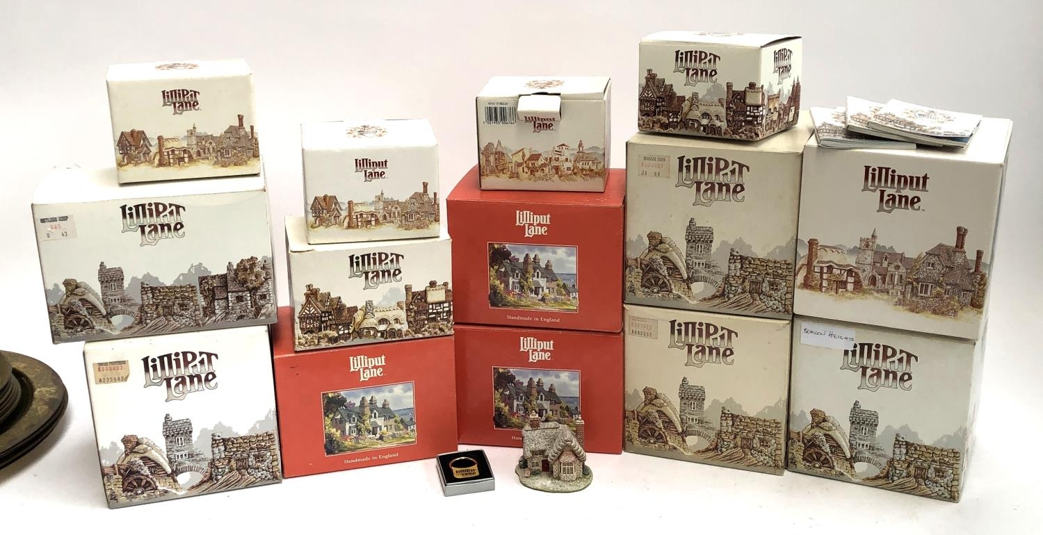 A collection of 14 boxed Lilliput Lane figurines, 'Crown Inn', 'Beacon Heights', 'Junk &