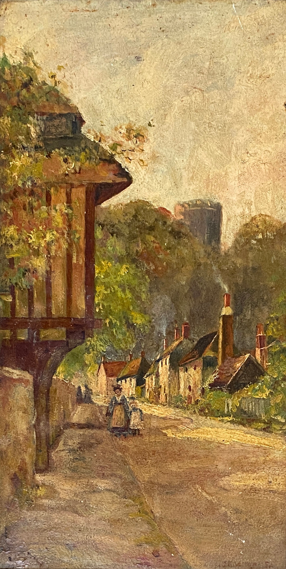 Late 19th/early 20th century oil on board, rural street scene, signed indistinctly lower right, - Image 2 of 2