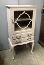 A grey painted glazed music cabinet with two drawers, 54x34x112cmH