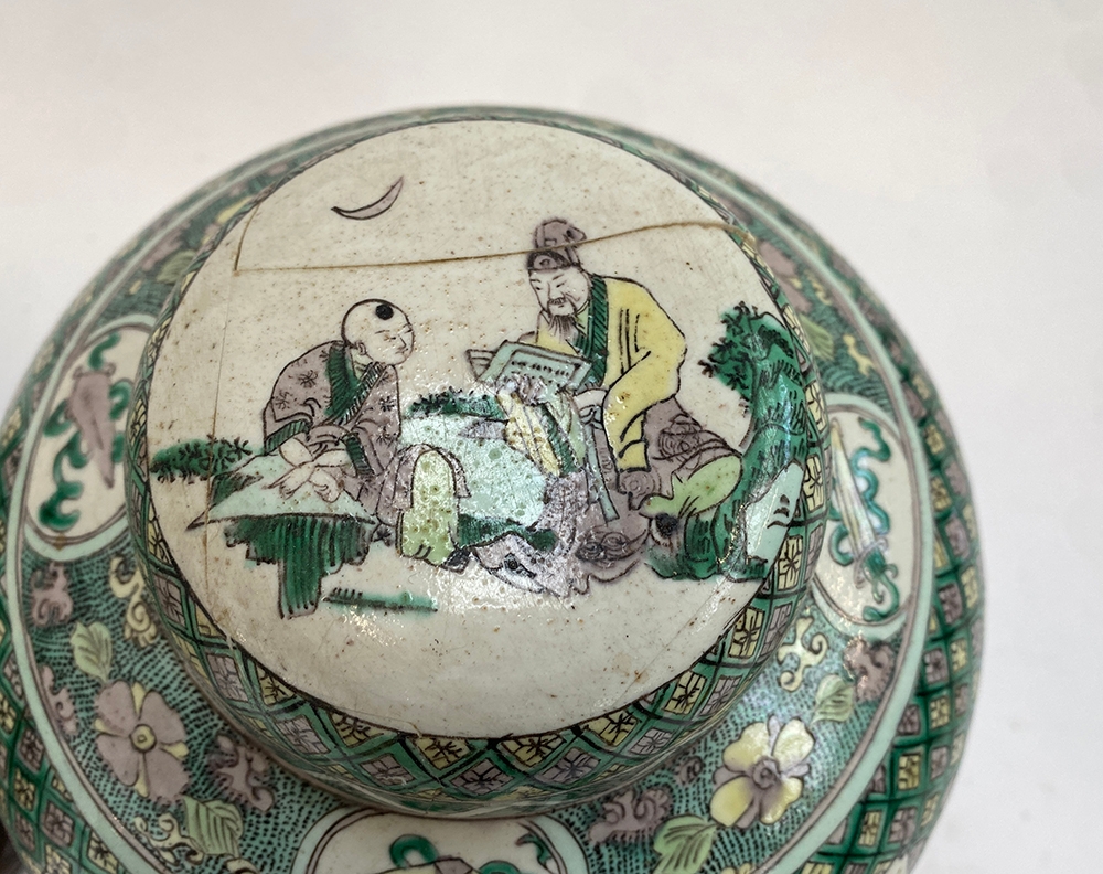 A pair of Chinese famille verte ginger jars depicting court scenes, 23.5cmH, on carved hardwood - Image 2 of 11