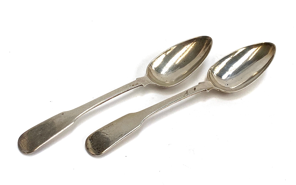 A pair of fiddle pattern white metal spoons with pseudo hallmarks, probably Canadian, 4.8ozt