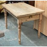 A small Victorian pine table, three plank top, with single end drawer, on turned legs, 106x69x73cmH