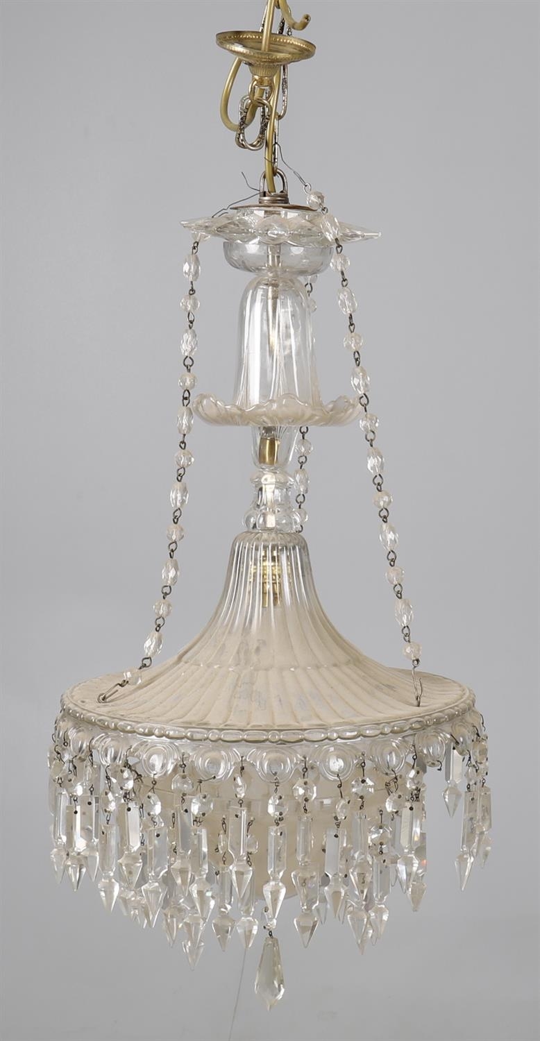 A cut and moulded glass chandelier, 20th century, of trumpet form, with demi-globe suspended - Image 3 of 3