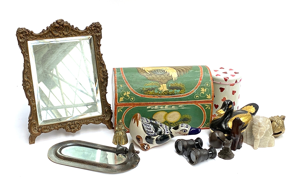 A mixed lot to include hand painted wooden chest with cockerel design; sconce with mirrored
