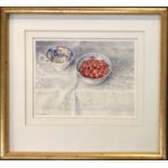 Janet Skea (b.1947), watercolour of teacup and berries, signed lower left, 13.5x17.5cm
