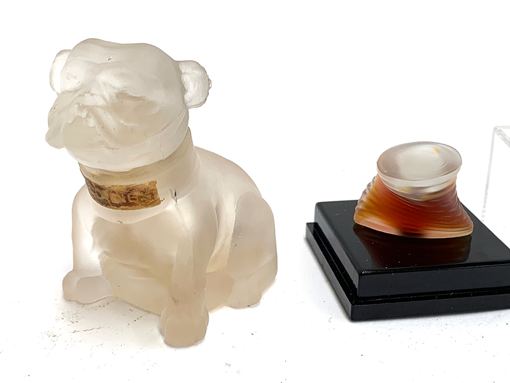 A frosted glass perfume bottle in the form of a bulldog; together with others including one hand - Image 2 of 3