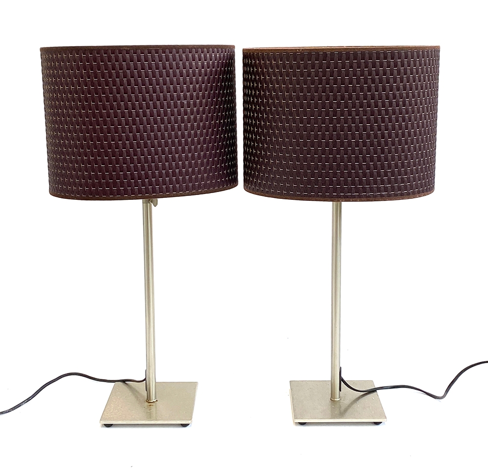 A pair of brushed steel table lamps, with shades, 61cmH