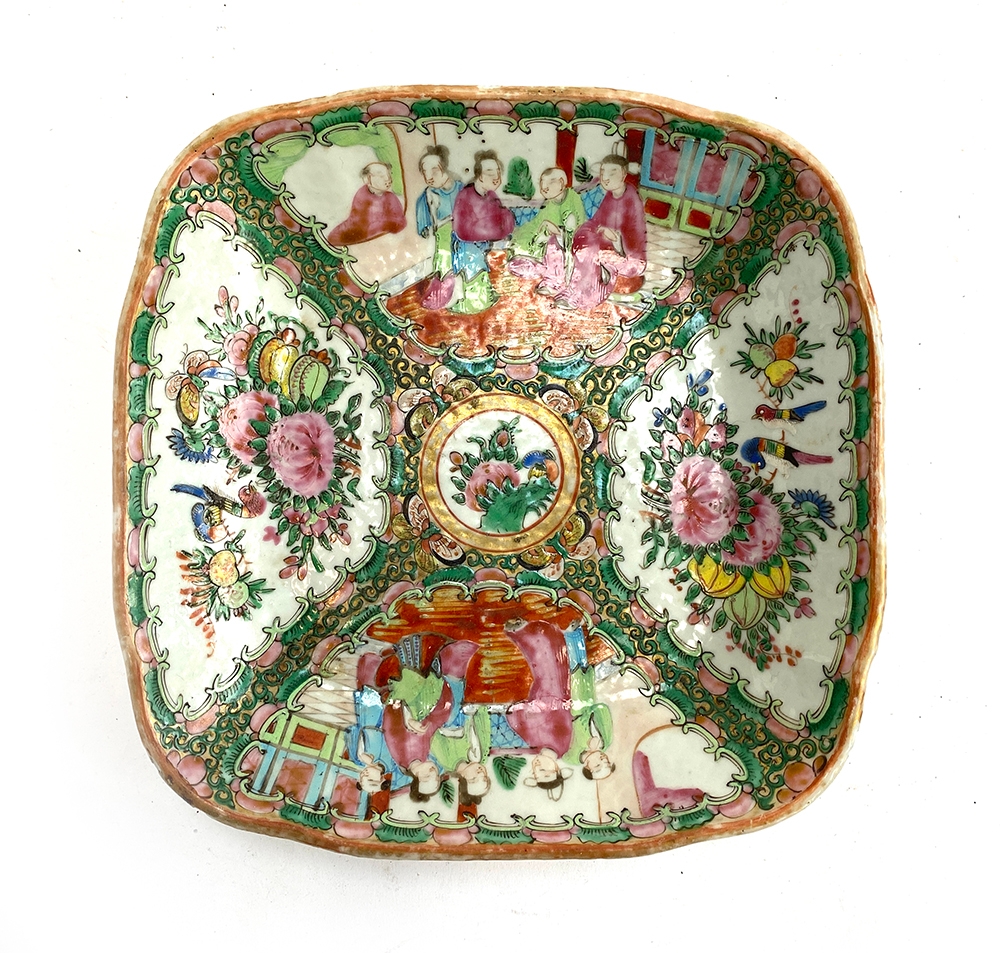 A Chinese famille rose dish of square form, four panels depicting court scenes and flora surrounding - Image 2 of 9