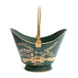 A green toleware bucket painted in gold with sprays and ribbons, 43cmW