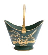 A green toleware bucket painted in gold with sprays and ribbons, 43cmW