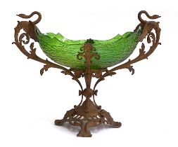 A gilt metal and green lustre glass centrepiece vase, flanked by two swans, 41cmW, 32cmH