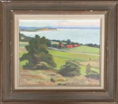 Ingvar Jerkeman (Swedish 1904-1963), coastal landscape with green fields and red buildings, mid