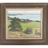 Ingvar Jerkeman (Swedish 1904-1963), coastal landscape with green fields and red buildings, mid
