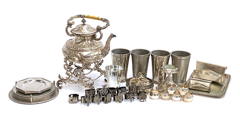 A quantity of silver plated and metal items to include a white metal chased teapot on stand;