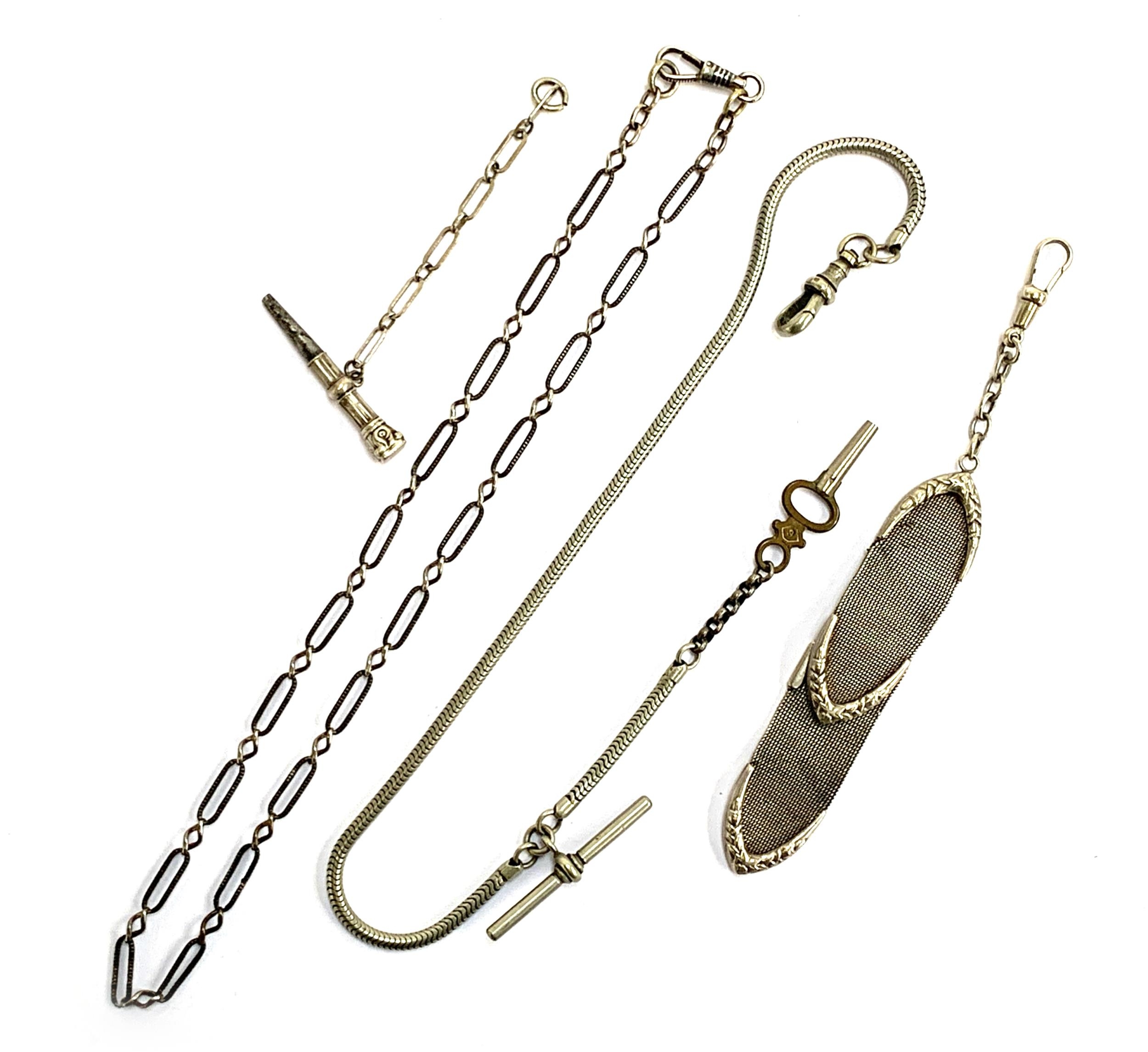 A white metal snake link fob chain, the T bar stamped ALBO NCR Co. REG, with watch key; white