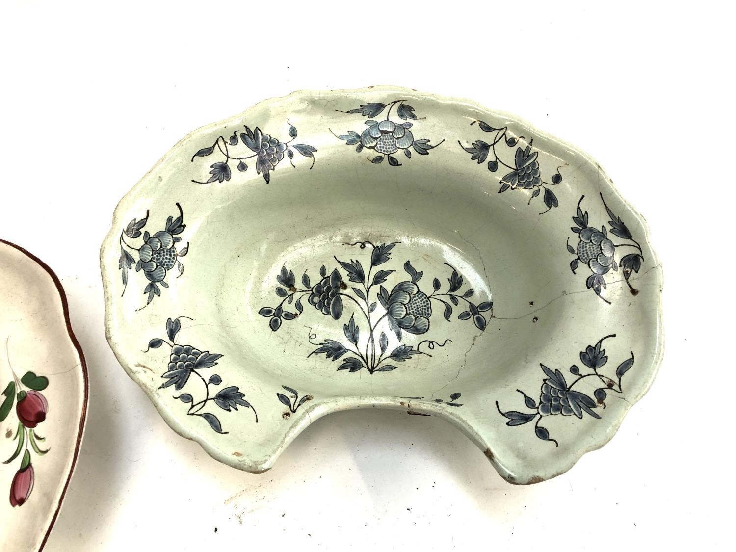 Two ceramic shaving dishes, both with floral designs, with staple repairs, 30cmW & 33cmW (af) - Image 3 of 5