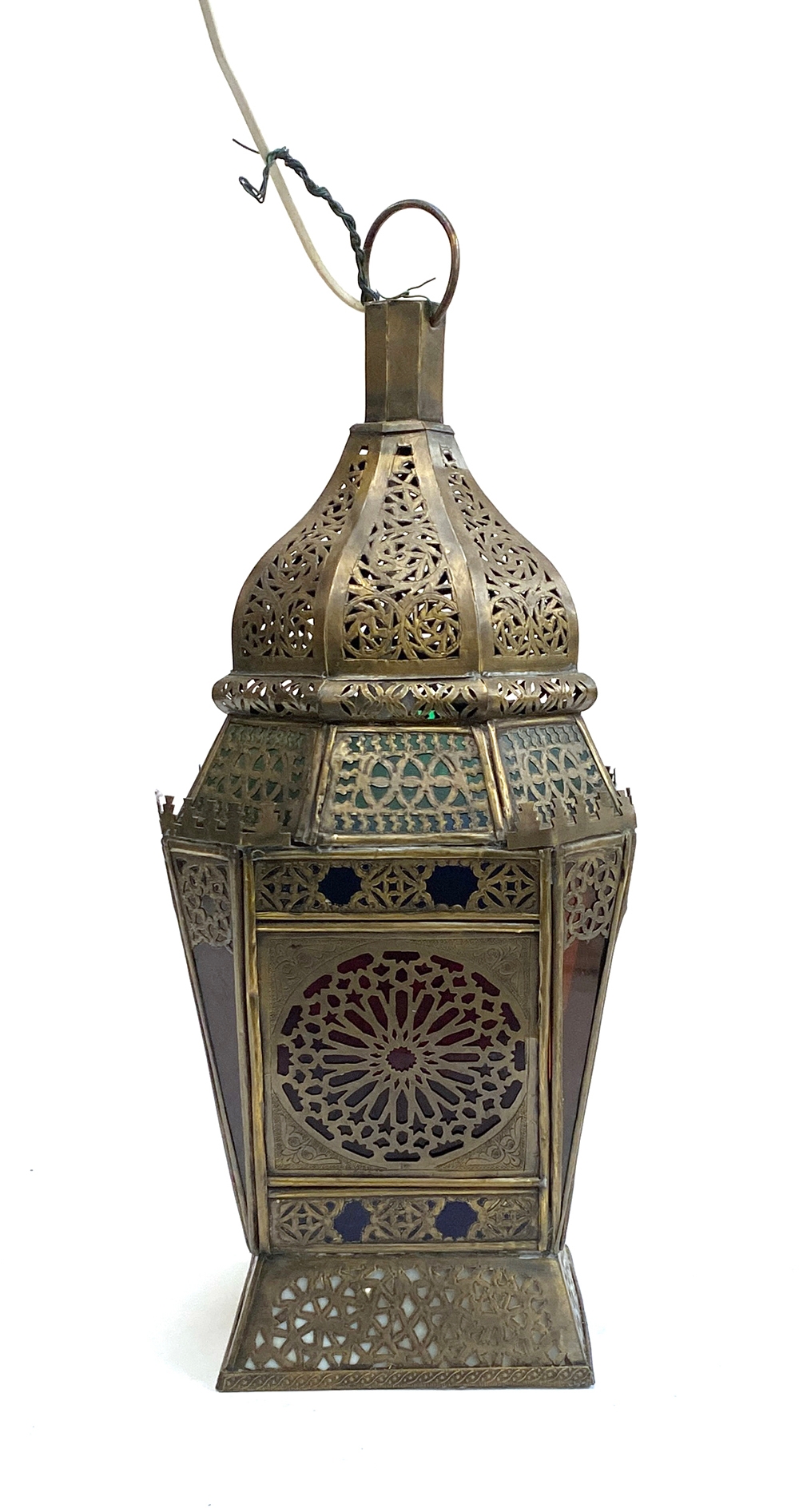 An eastern pierced metal and coloured glass lantern, fitted for electricity, 52cmH - Image 2 of 4