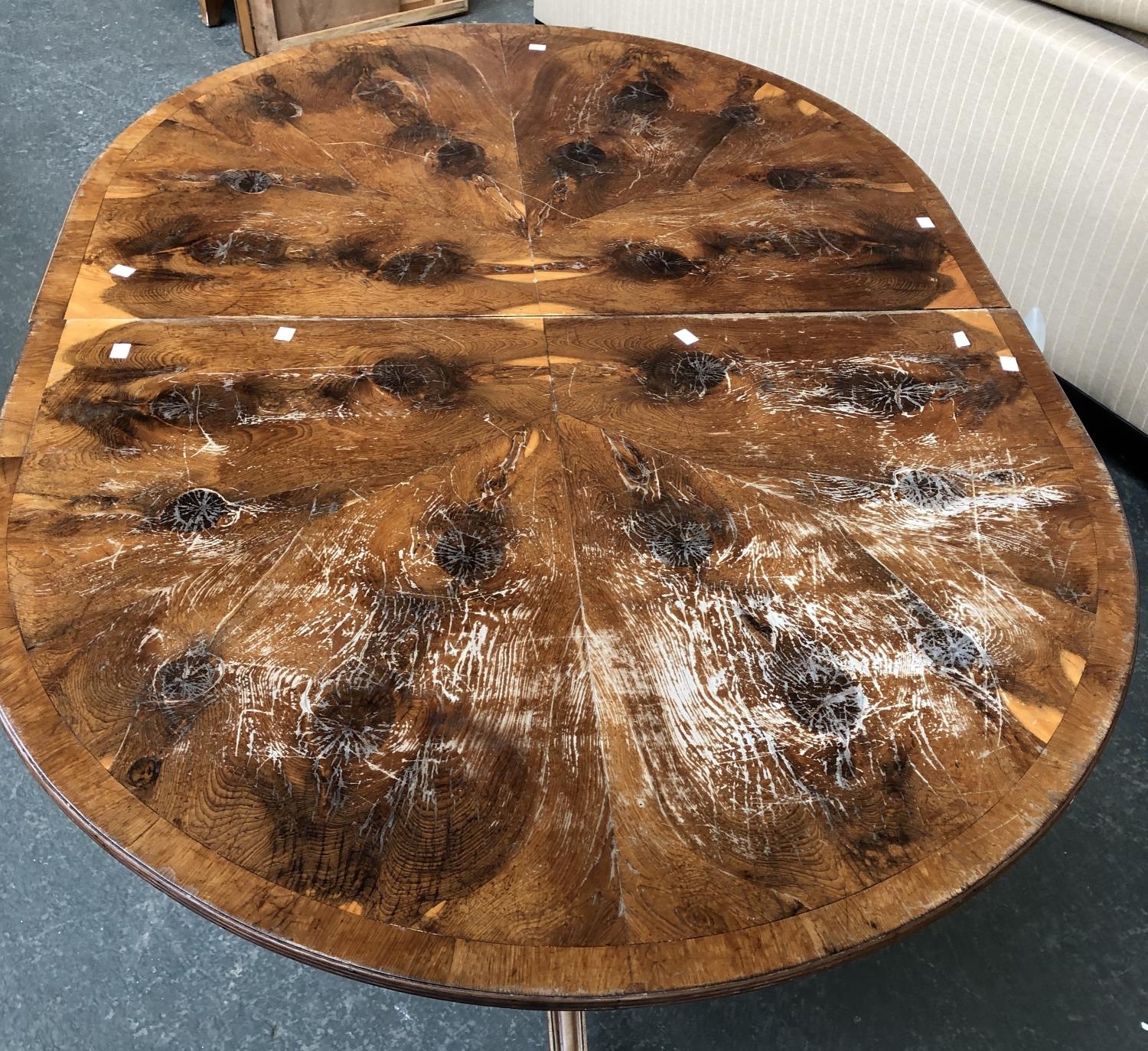 A Regency style D end dining table with radial yew veneer, on twin baluster columns and swept - Image 2 of 2