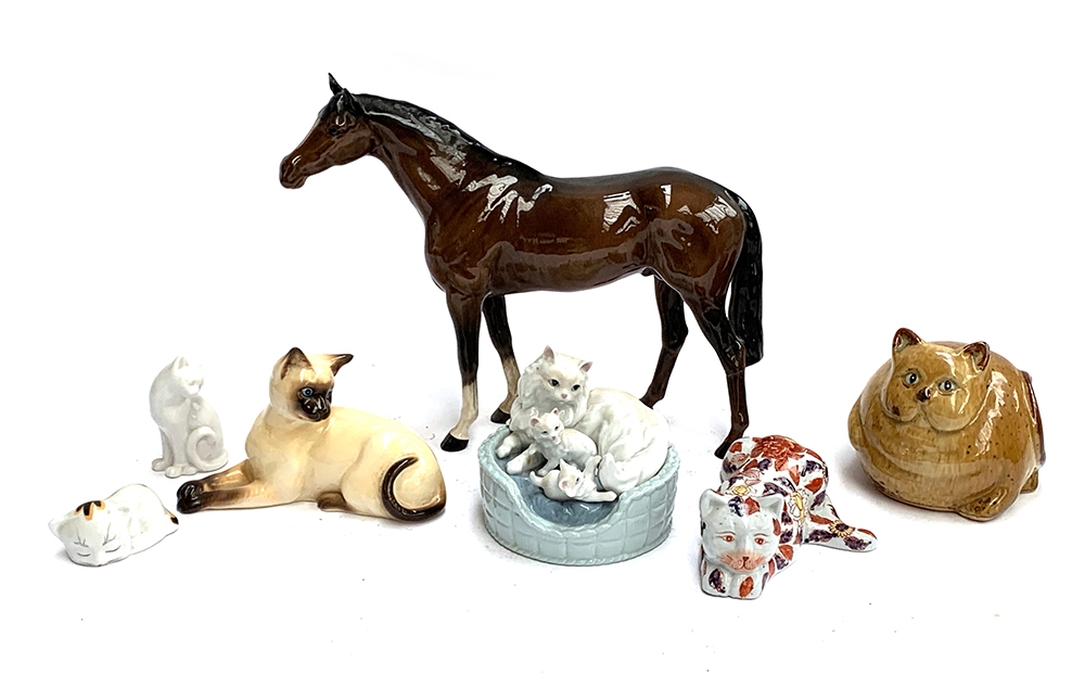 A Beswick siamese cat figure no. 1558; Beswick horse (af(; Lladro cat basket figure; Chinese Imari