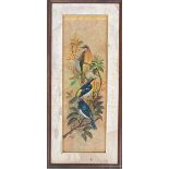 A 20th century oil painting of birds on a branch, signed Nart(?) and dated 88, 60x19cm