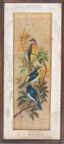 A 20th century oil painting of birds on a branch, signed Nart(?) and dated 88, 60x19cm