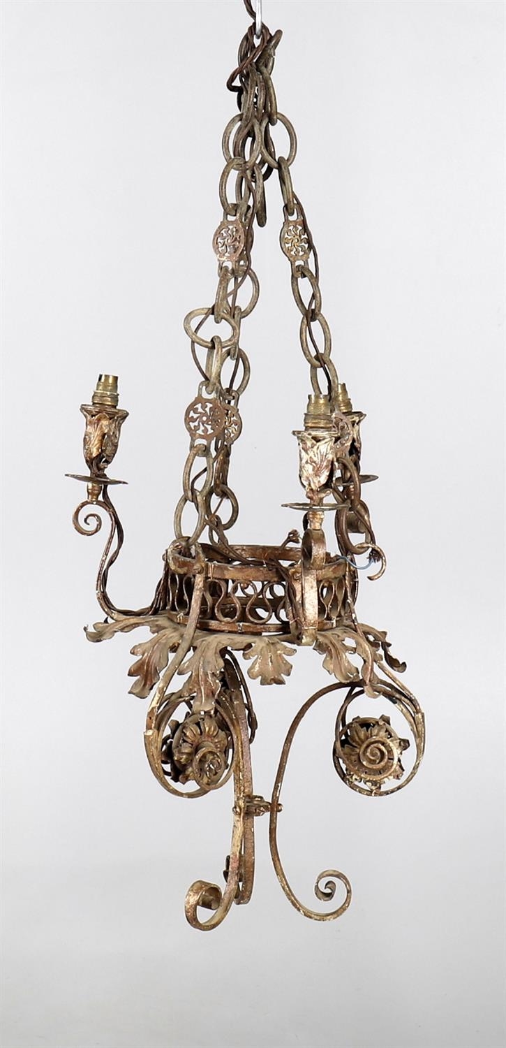 A Continental painted wrought metal three light chandelier, of scrolling form, 47cm high. - Image 2 of 2