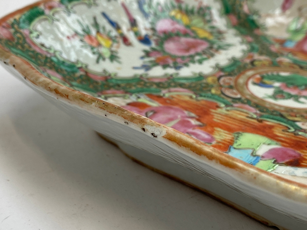 A Chinese famille rose dish of square form, four panels depicting court scenes and flora surrounding - Image 8 of 9