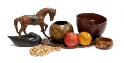A quantity of wooden items to include turned bowl, 25cmH; horse figure; carved tray etc