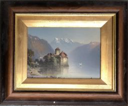 Late 19th/ early 20th century oil on board, study of a chateau in the French Alps, 13x19cm