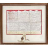 A framed vellum indenture c.1644, the sheet 39cmW