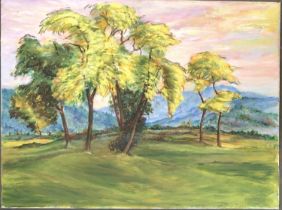 20th century oil on canvas, trees with mountains behind, 45.5x60.5cm