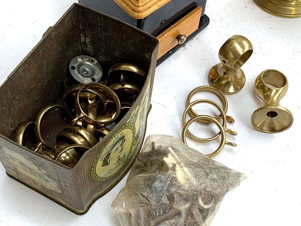 A mixed lot to include: vintage style coffee grinder, brass coffee pot and sugar bowl, brass curtain - Image 2 of 2