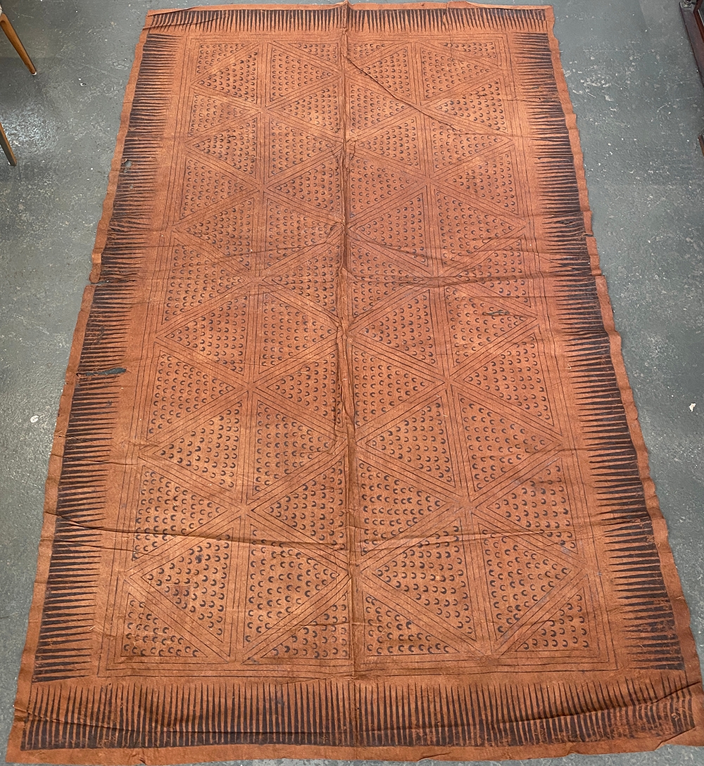 A large 19th/early 20th century Polynesian tapa bark cloth, likely a Fijian Masi Kuvui, zig-zag