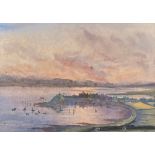 An early 20th century watercolour of a port town, inscribed in pencil to verso 'Lady de Souza', 18.