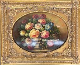 19th century floral still life, oil on a convex papier mache roundel, 39x28cm, within a heavy gilt