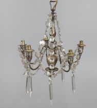 An electroplated metal and cut glass mounted five light chandelier, 39cms high; and a similar twin