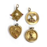Four 14ct gold pendants, to include a mortar board, dancing lady set with sapphires and rubies, 'I