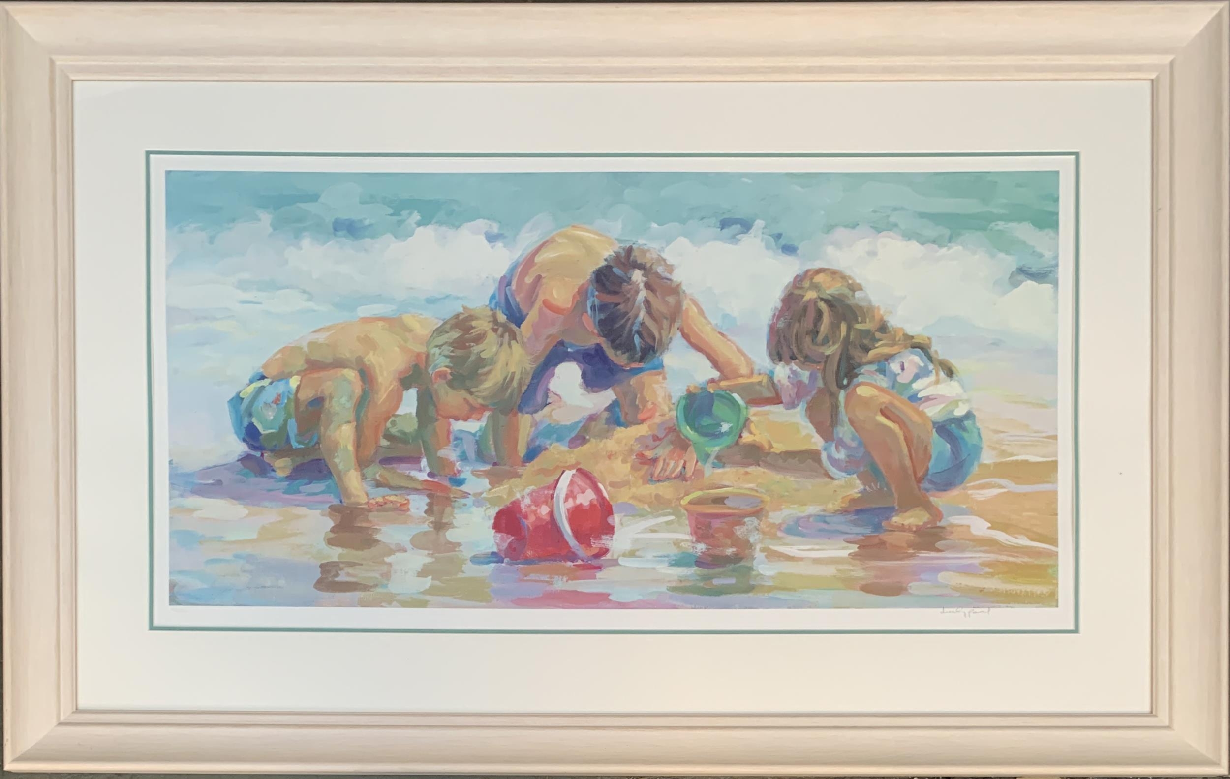 After Lucelle Raad, colour print, three children at play on the beach, signed and numbered 150/