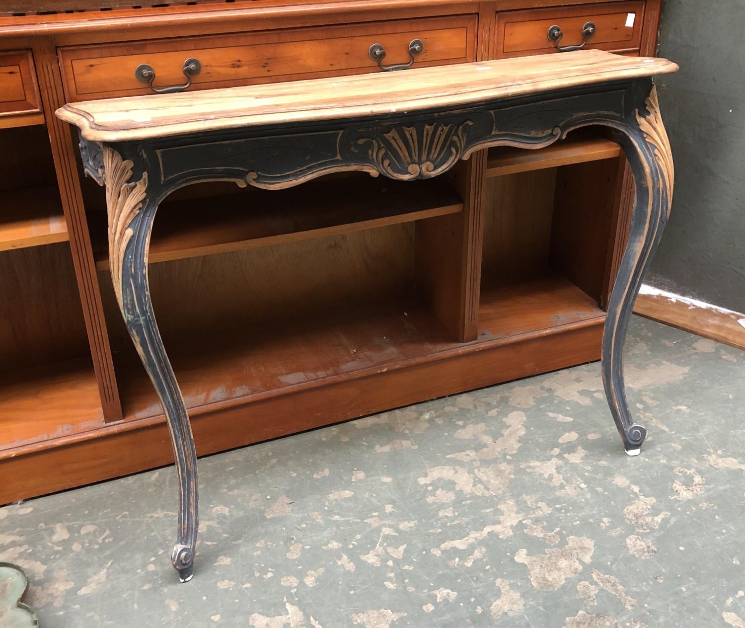 A French carved and partially painted serpentine console table, 94x31x76cmH