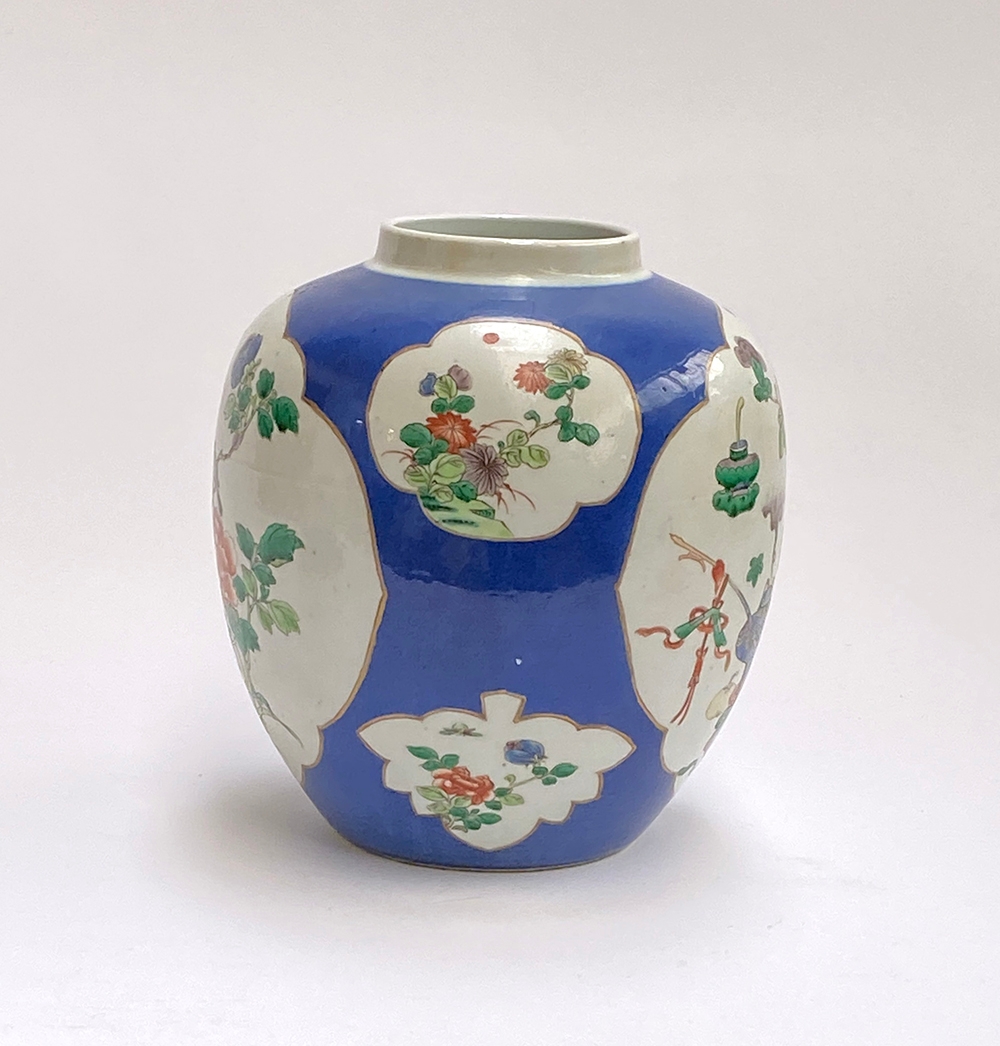 A large Chinese blue ground famille verte ginger jar, 22.5cmH, together with a carved hardwood - Image 3 of 11